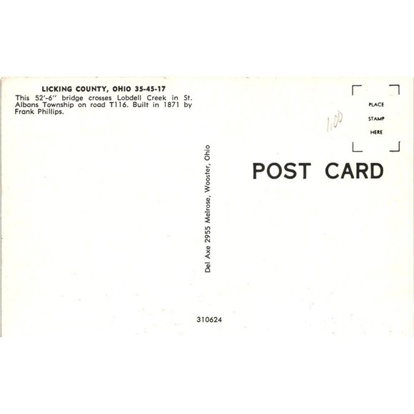 Licking County Ohio Covered Bridge Postcard Travel Souvenir Unposted Vintage - Picture 2 of 2